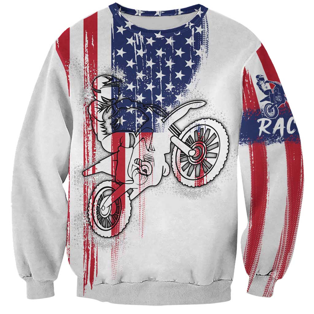 Motocross Rider Graphic Dirtbike Racing Sweatshirt with Distressed American Flag and Custom Number - Wonder Print Shop