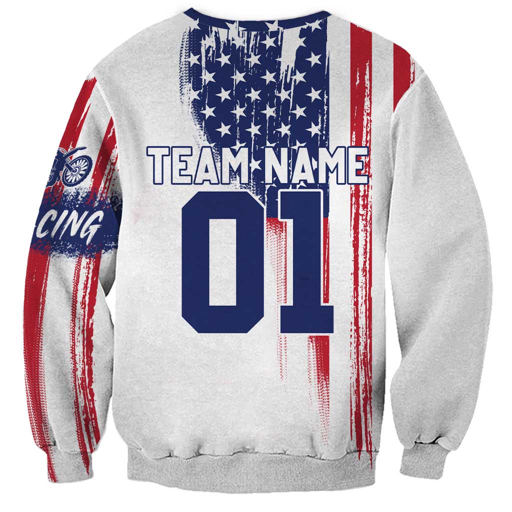 Motocross Rider Graphic Dirtbike Racing Sweatshirt with Distressed American Flag and Custom Number - Wonder Print Shop