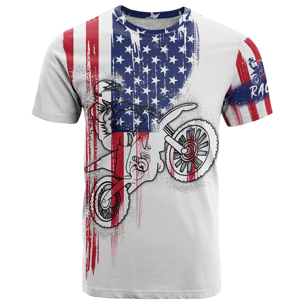 Motocross Rider Graphic Dirtbike Racing T Shirt with Distressed American Flag and Custom Number - Wonder Print Shop