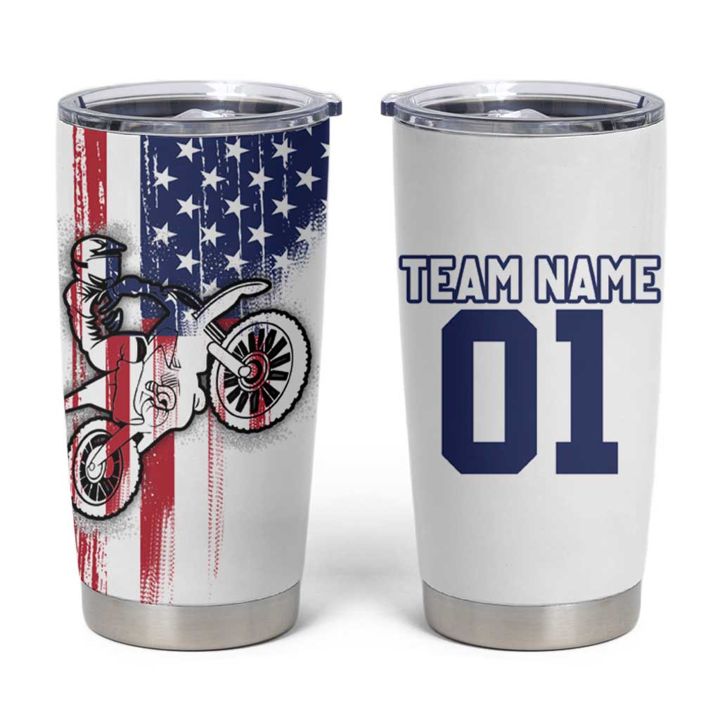 Motocross Rider Graphic Dirtbike Racing Tumbler Cup with Distressed American Flag and Custom Number - Wonder Print Shop