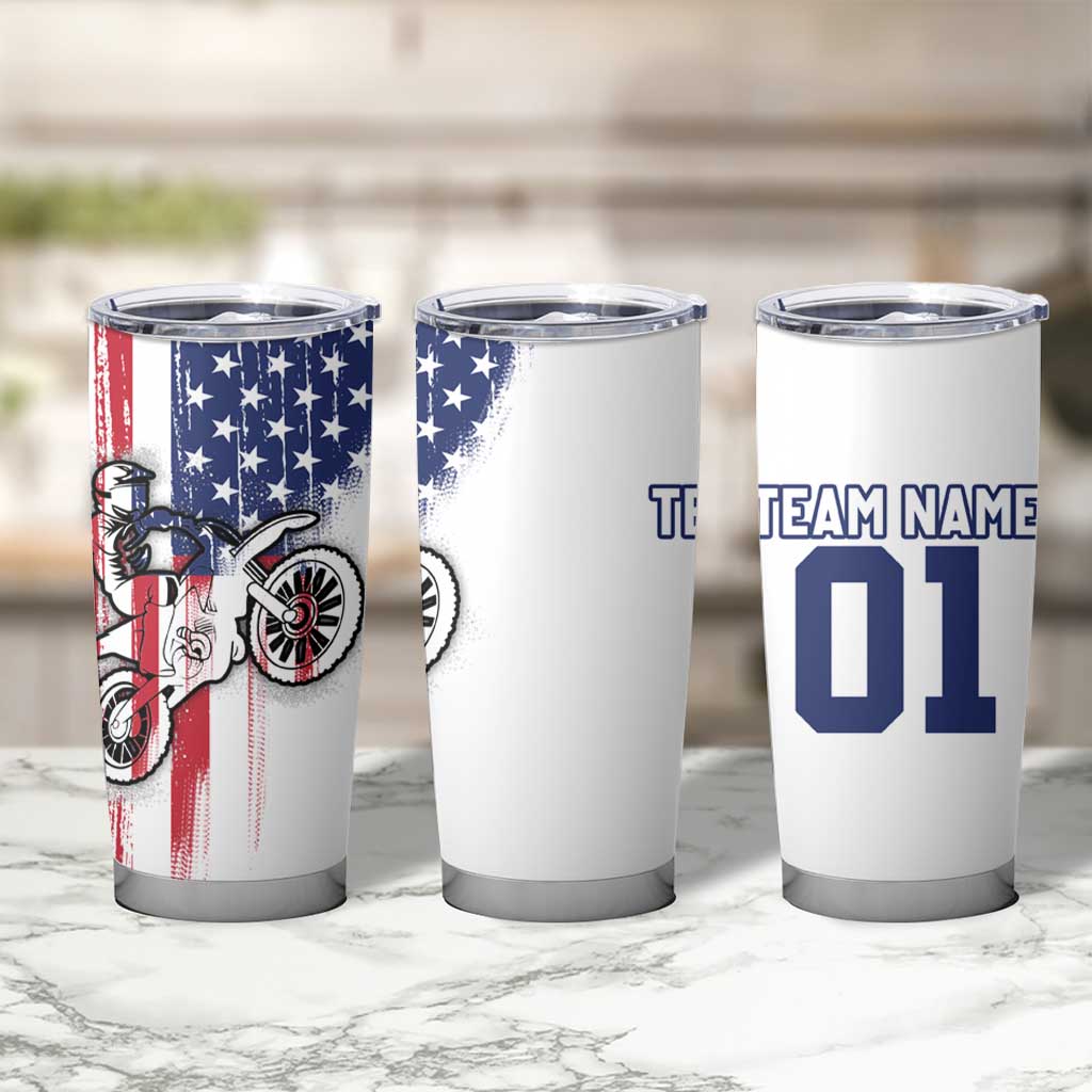 Motocross Rider Graphic Dirtbike Racing Tumbler Cup with Distressed American Flag and Custom Number - Wonder Print Shop