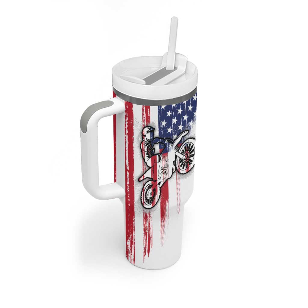 Motocross Rider Graphic Dirtbike Racing Tumbler With Handle with Distressed American Flag and Custom Number - Wonder Print Shop