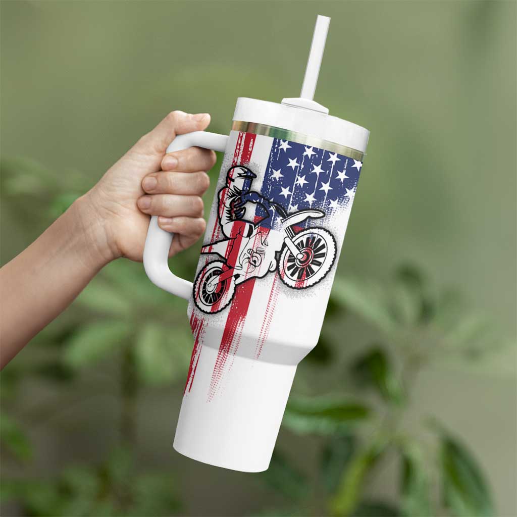 Motocross Rider Graphic Dirtbike Racing Tumbler With Handle with Distressed American Flag and Custom Number - Wonder Print Shop