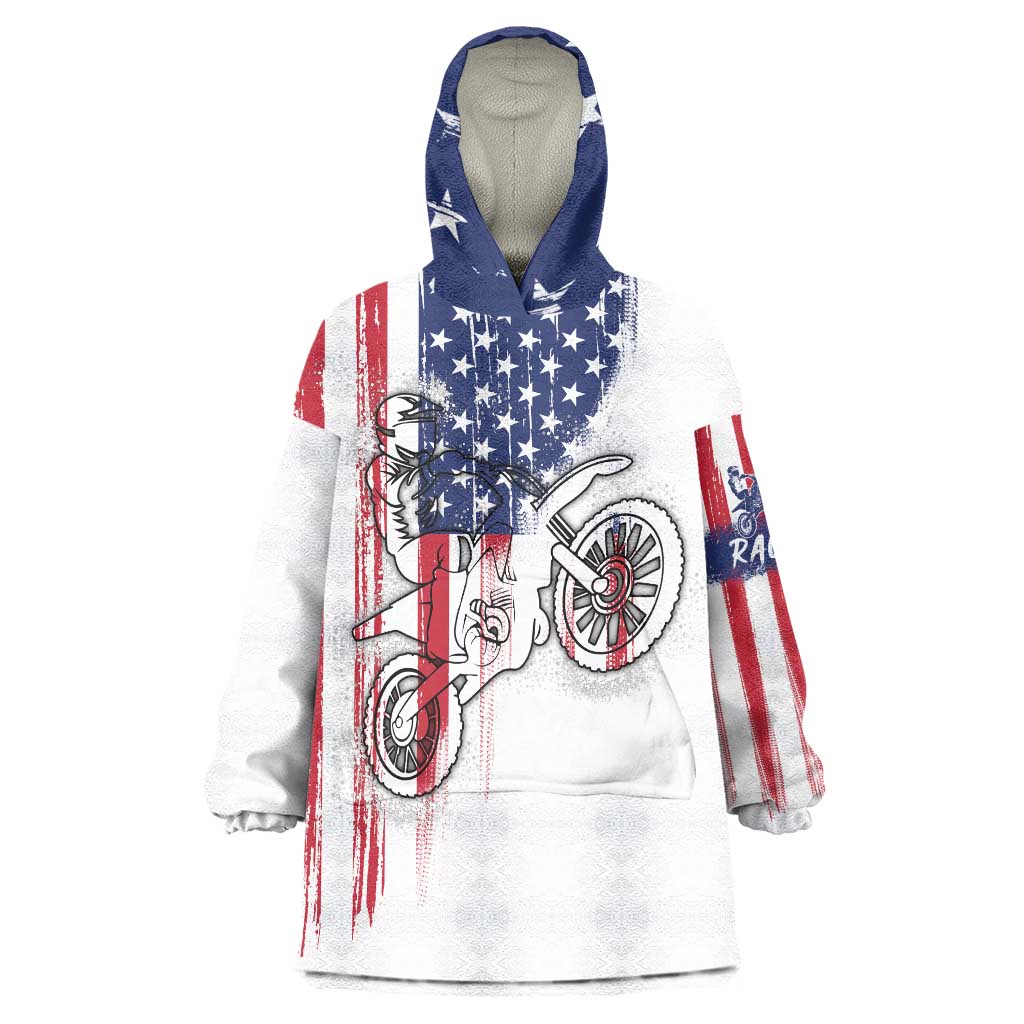 Motocross Rider Graphic Dirtbike Racing Wearable Blanket Hoodie with Distressed American Flag and Custom Number - Wonder Print Shop