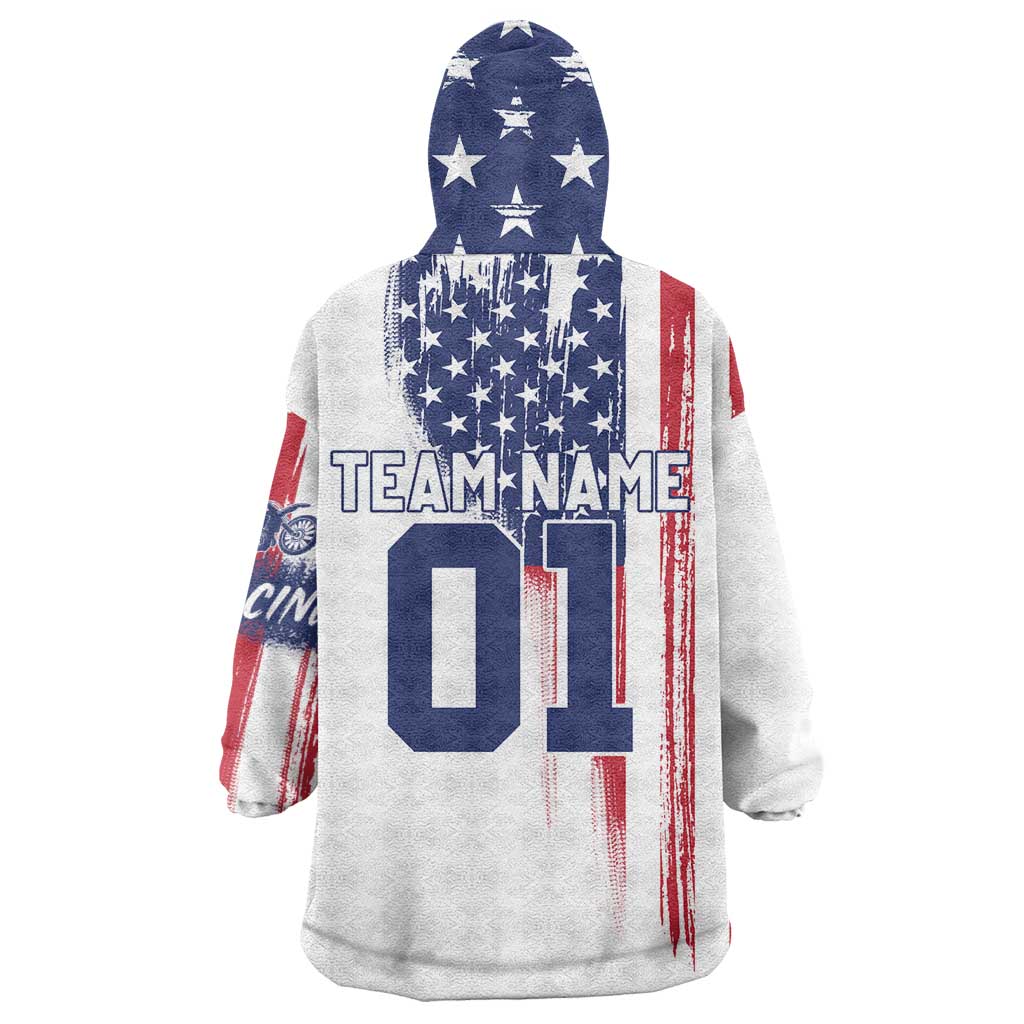 Motocross Rider Graphic Dirtbike Racing Wearable Blanket Hoodie with Distressed American Flag and Custom Number - Wonder Print Shop