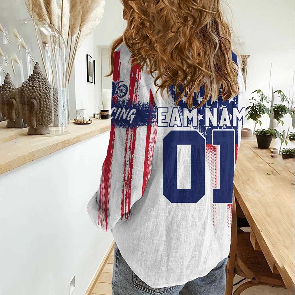 Motocross Rider Graphic Dirtbike Racing Women Casual Shirt with Distressed American Flag and Custom Number - Wonder Print Shop