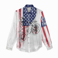 Motocross Rider Graphic Dirtbike Racing Women Casual Shirt with Distressed American Flag and Custom Number - Wonder Print Shop