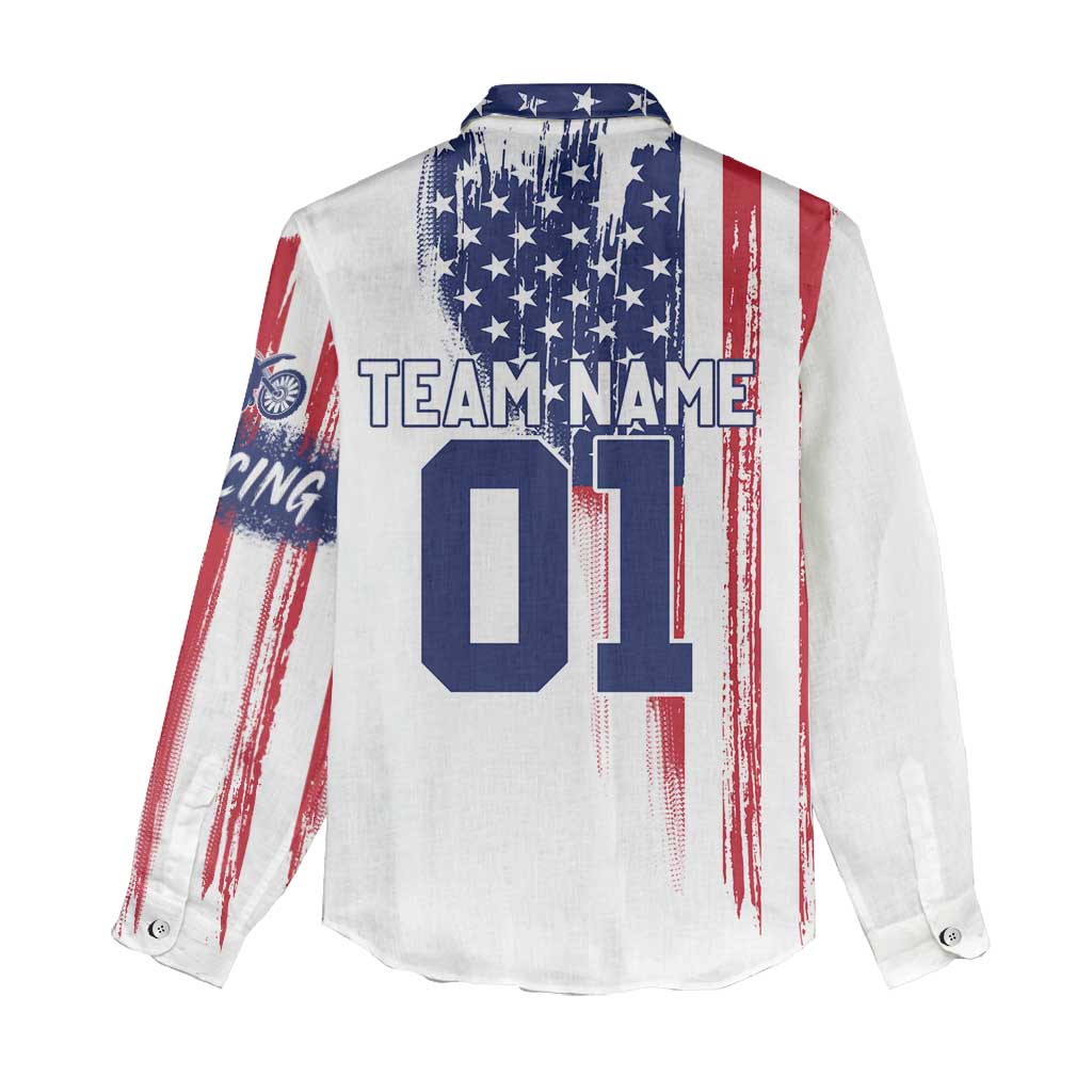 Motocross Rider Graphic Dirtbike Racing Women Casual Shirt with Distressed American Flag and Custom Number - Wonder Print Shop