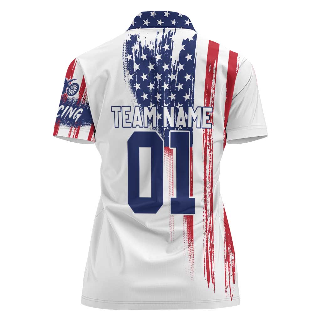 Motocross Rider Graphic Dirtbike Racing Women Polo Shirt with Distressed American Flag and Custom Number - Wonder Print Shop