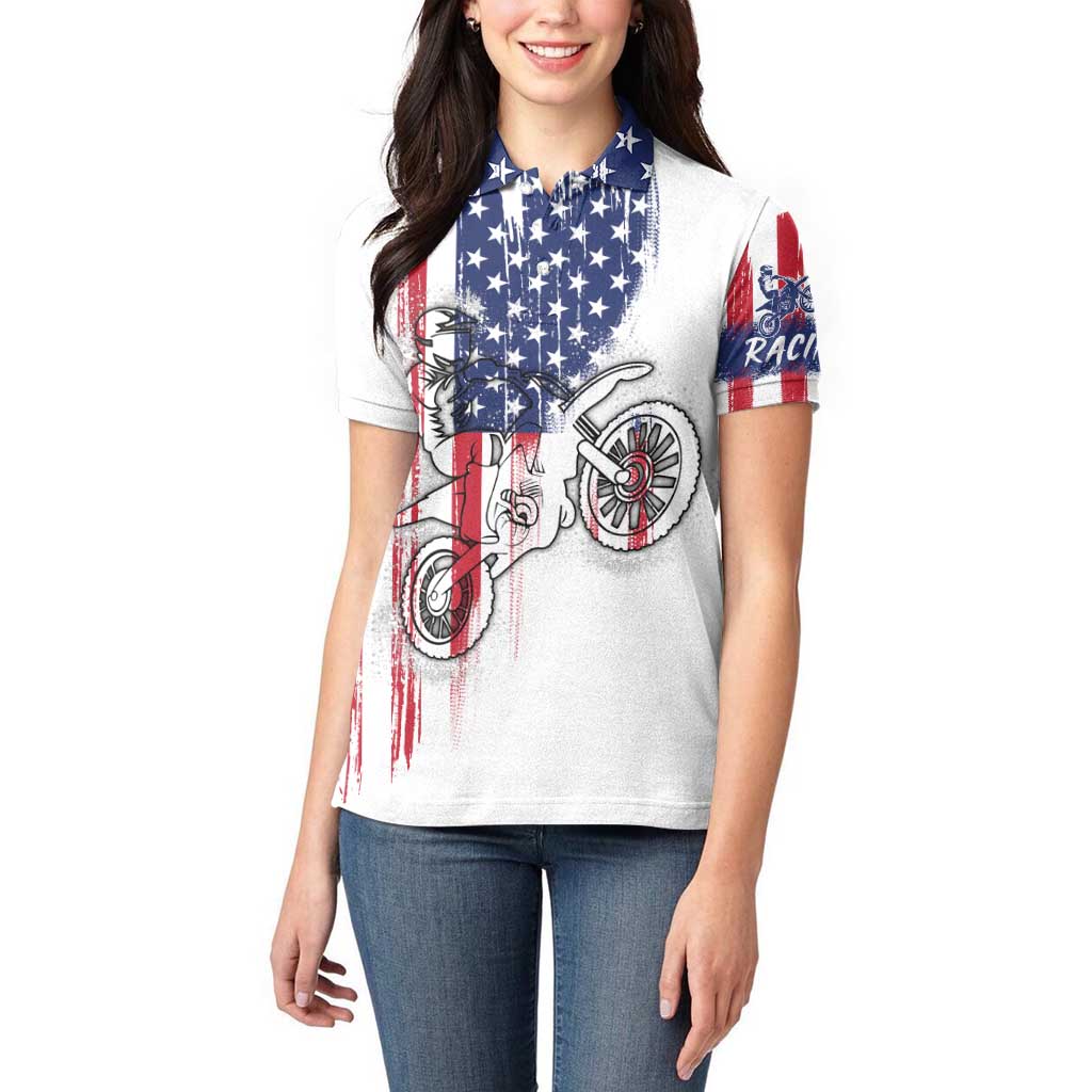 Motocross Rider Graphic Dirtbike Racing Women Polo Shirt with Distressed American Flag and Custom Number - Wonder Print Shop