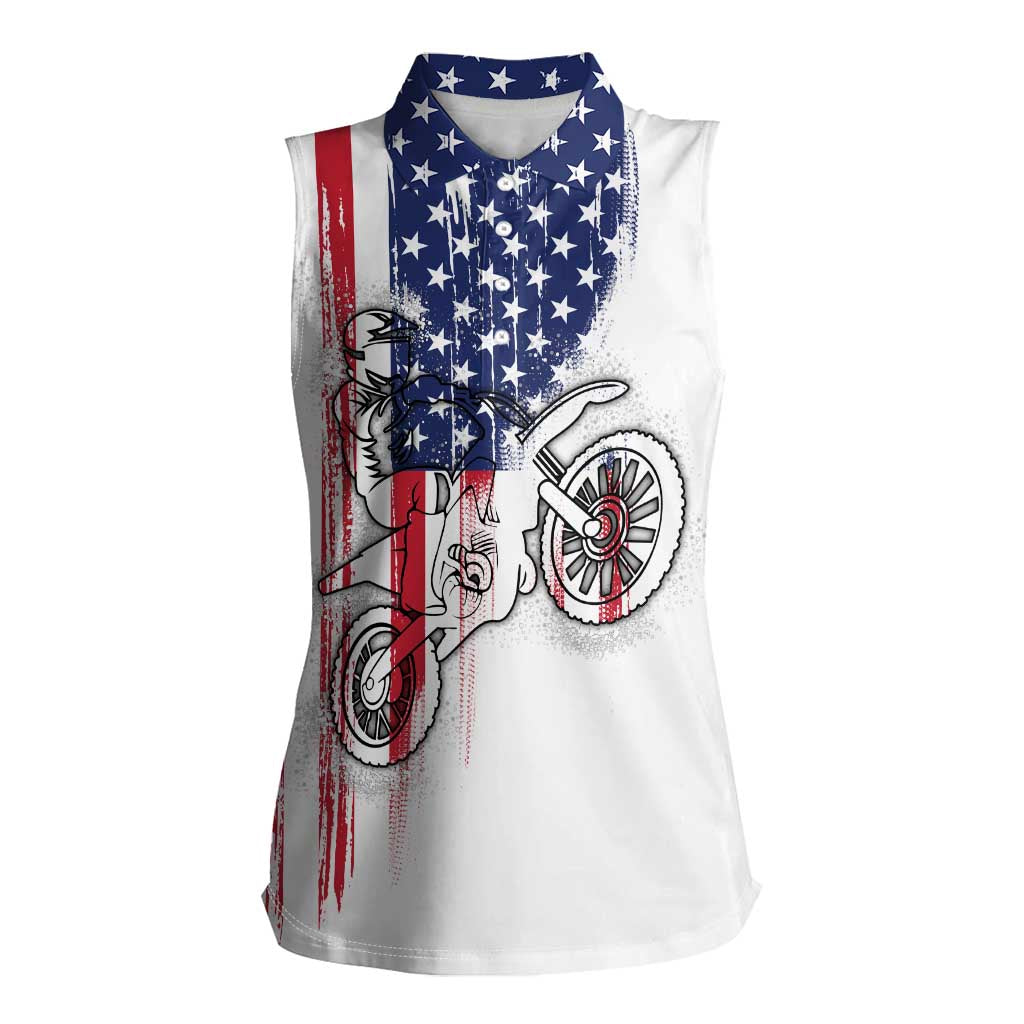 Motocross Rider Graphic Dirtbike Racing Women Sleeveless Polo Shirt with Distressed American Flag and Custom Number - Wonder Print Shop