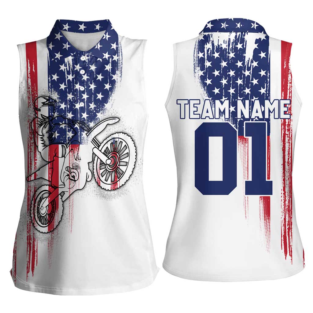Motocross Rider Graphic Dirtbike Racing Women Sleeveless Polo Shirt with Distressed American Flag and Custom Number - Wonder Print Shop