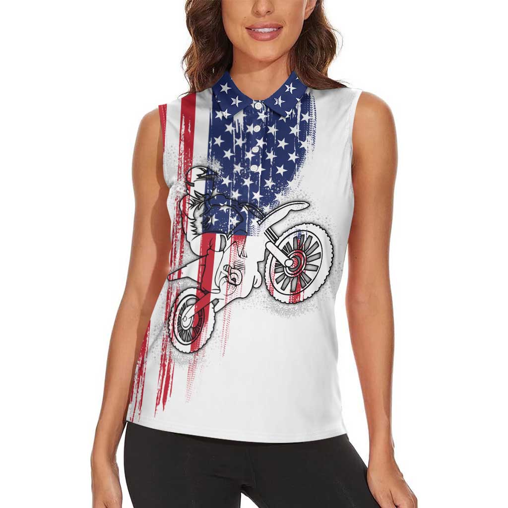 Motocross Rider Graphic Dirtbike Racing Women Sleeveless Polo Shirt with Distressed American Flag and Custom Number - Wonder Print Shop