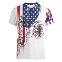 Motocross Rider Graphic Dirtbike Racing Women V-Neck T-Shirt with Distressed American Flag and Custom Number - Wonder Print Shop