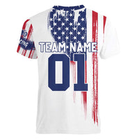 Motocross Rider Graphic Dirtbike Racing Women V-Neck T-Shirt with Distressed American Flag and Custom Number - Wonder Print Shop