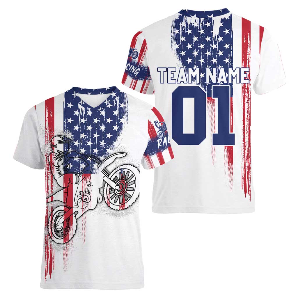 Motocross Rider Graphic Dirtbike Racing Women V-Neck T-Shirt with Distressed American Flag and Custom Number - Wonder Print Shop