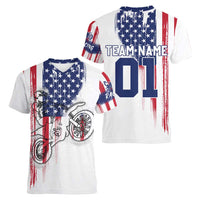 Motocross Rider Graphic Dirtbike Racing Women V-Neck T-Shirt with Distressed American Flag and Custom Number - Wonder Print Shop