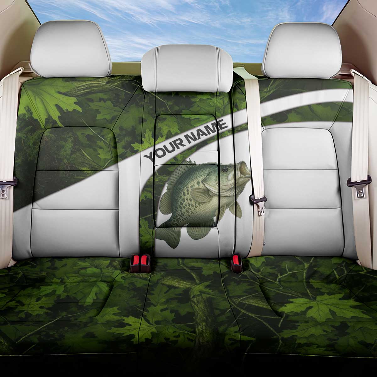 Crappie Fishing Green Camo Back Car Seat Cover with Leaf Camouflage and Custom Name Design - Wonder Print Shop