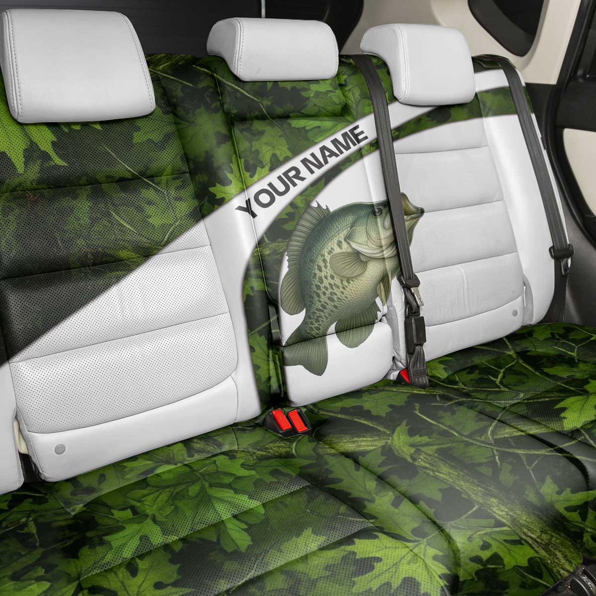 Crappie Fishing Green Camo Back Car Seat Cover with Leaf Camouflage and Custom Name Design - Wonder Print Shop