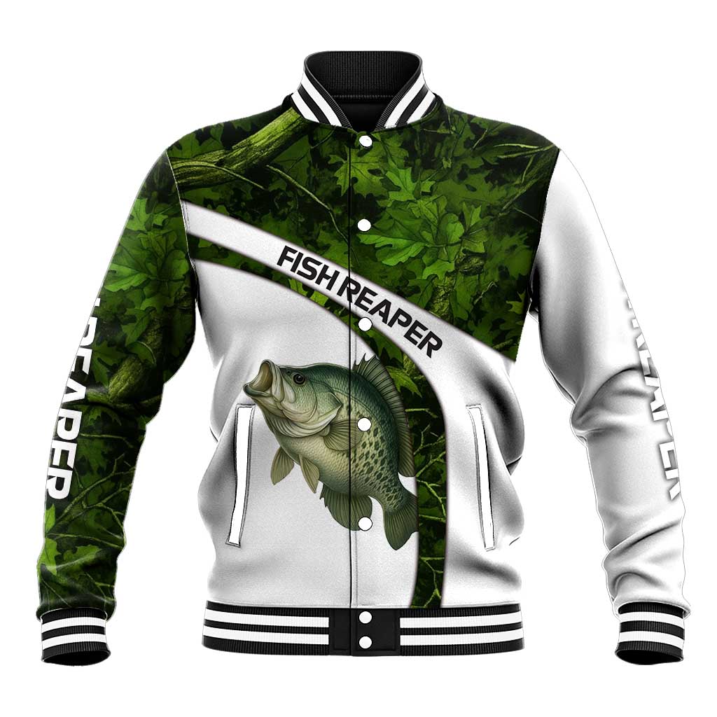 Crappie Fishing Green Camo Baseball Jacket with Leaf Camouflage and Custom Name Design - Wonder Print Shop