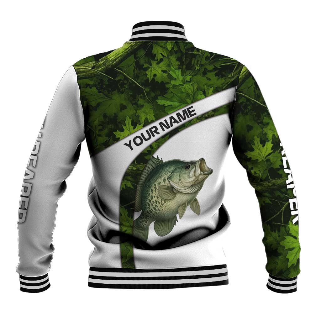 Crappie Fishing Green Camo Baseball Jacket with Leaf Camouflage and Custom Name Design - Wonder Print Shop