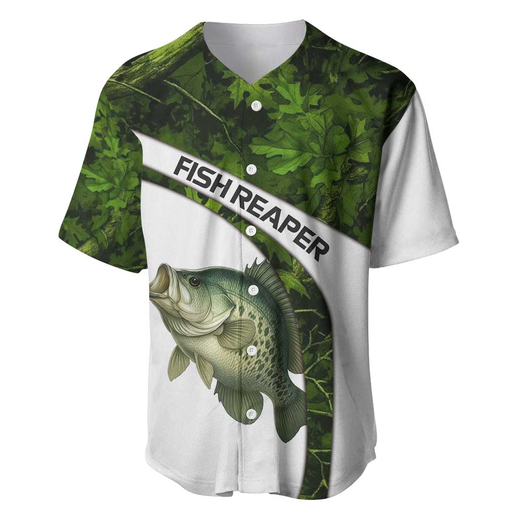 Crappie Fishing Green Camo Baseball Jersey with Leaf Camouflage and Custom Name Design - Wonder Print Shop