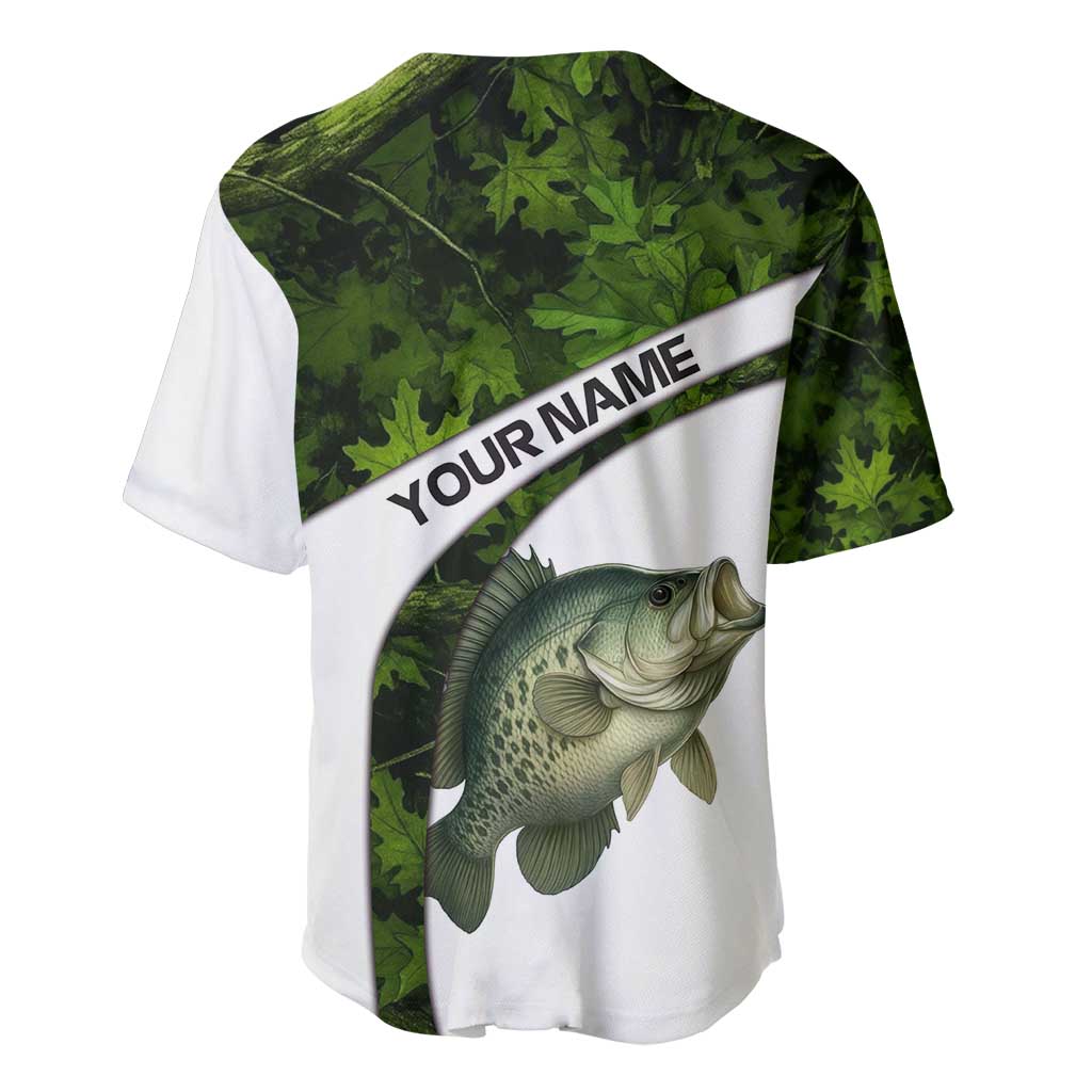 Crappie Fishing Green Camo Baseball Jersey with Leaf Camouflage and Custom Name Design - Wonder Print Shop