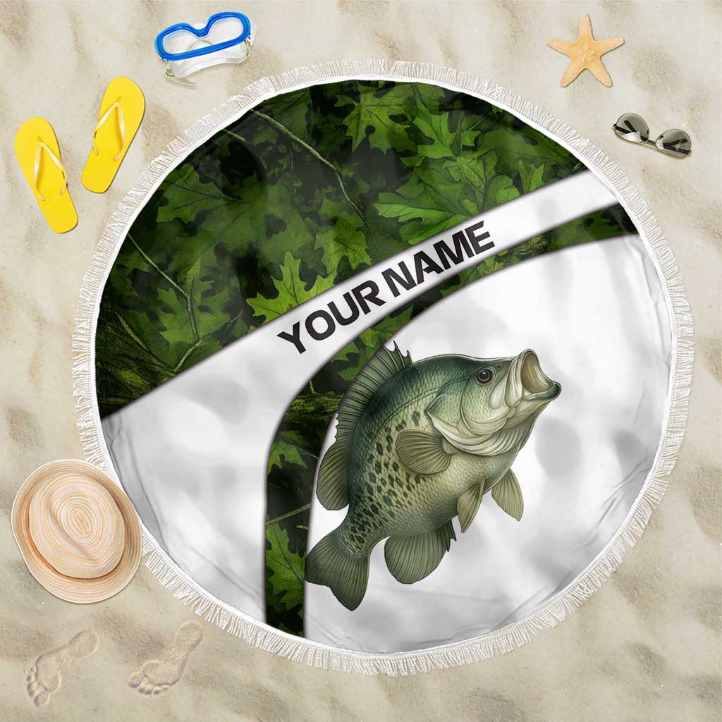 Crappie Fishing Green Camo Beach Blanket with Leaf Camouflage and Custom Name Design - Wonder Print Shop