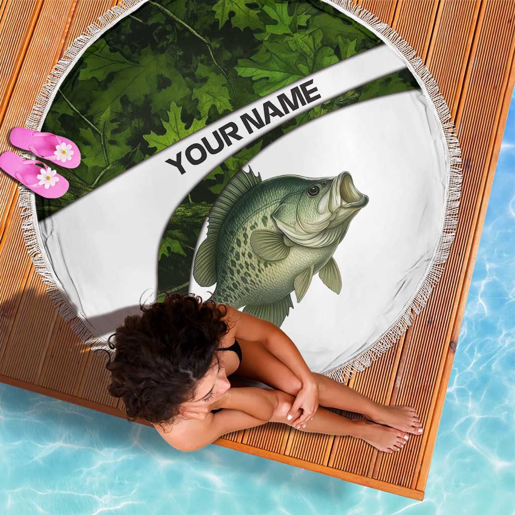 Crappie Fishing Green Camo Beach Blanket with Leaf Camouflage and Custom Name Design - Wonder Print Shop