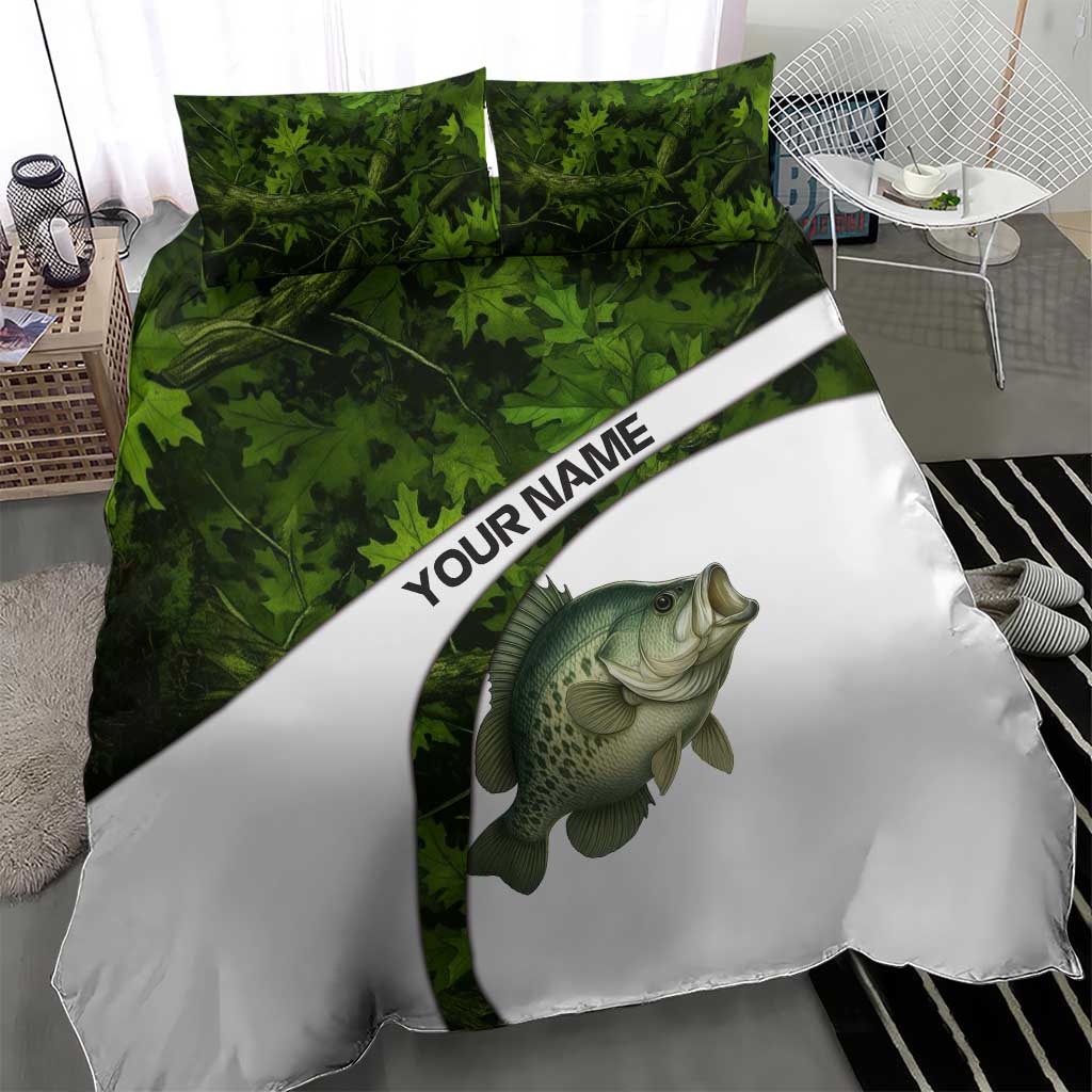 Crappie Fishing Green Camo Bedding Set with Leaf Camouflage and Custom Name Design - Wonder Print Shop