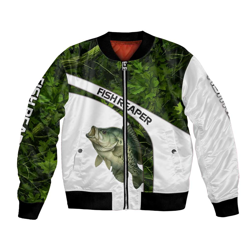 Crappie Fishing Green Camo Bomber Jacket with Leaf Camouflage and Custom Name Design - Wonder Print Shop