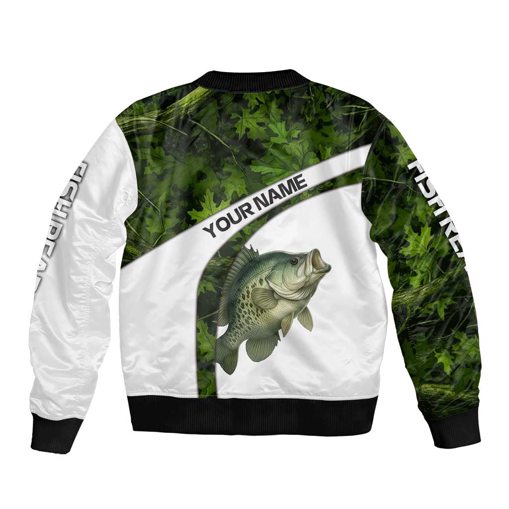 Crappie Fishing Green Camo Bomber Jacket with Leaf Camouflage and Custom Name Design - Wonder Print Shop