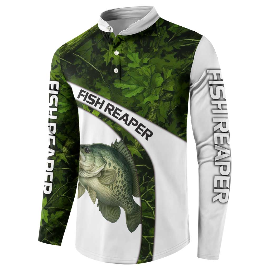 Crappie Fishing Green Camo Button Sweatshirt with Leaf Camouflage and Custom Name Design - Wonder Print Shop