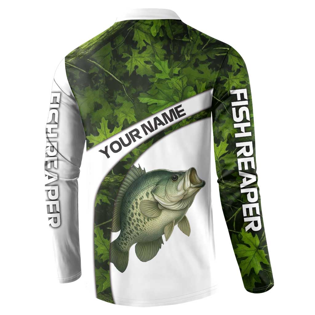 Crappie Fishing Green Camo Button Sweatshirt with Leaf Camouflage and Custom Name Design - Wonder Print Shop