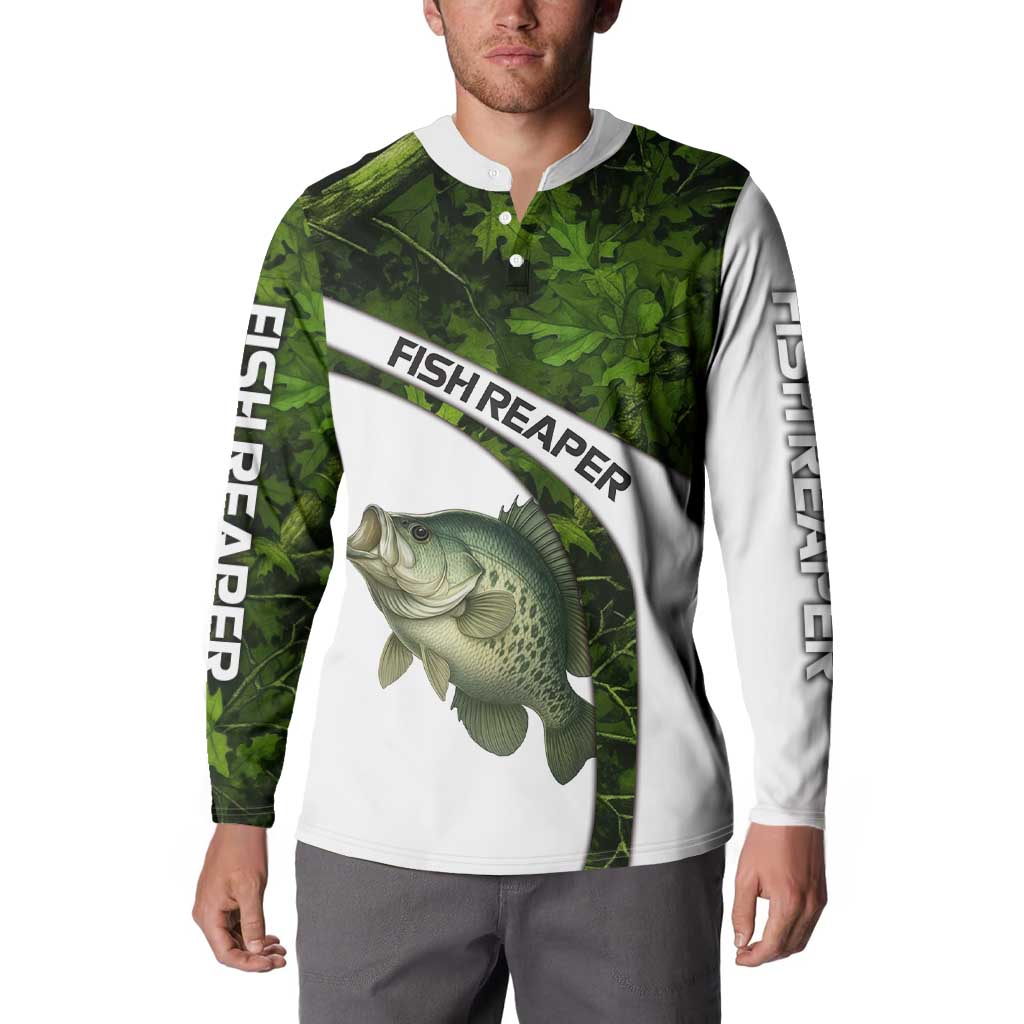 Crappie Fishing Green Camo Button Sweatshirt with Leaf Camouflage and Custom Name Design - Wonder Print Shop
