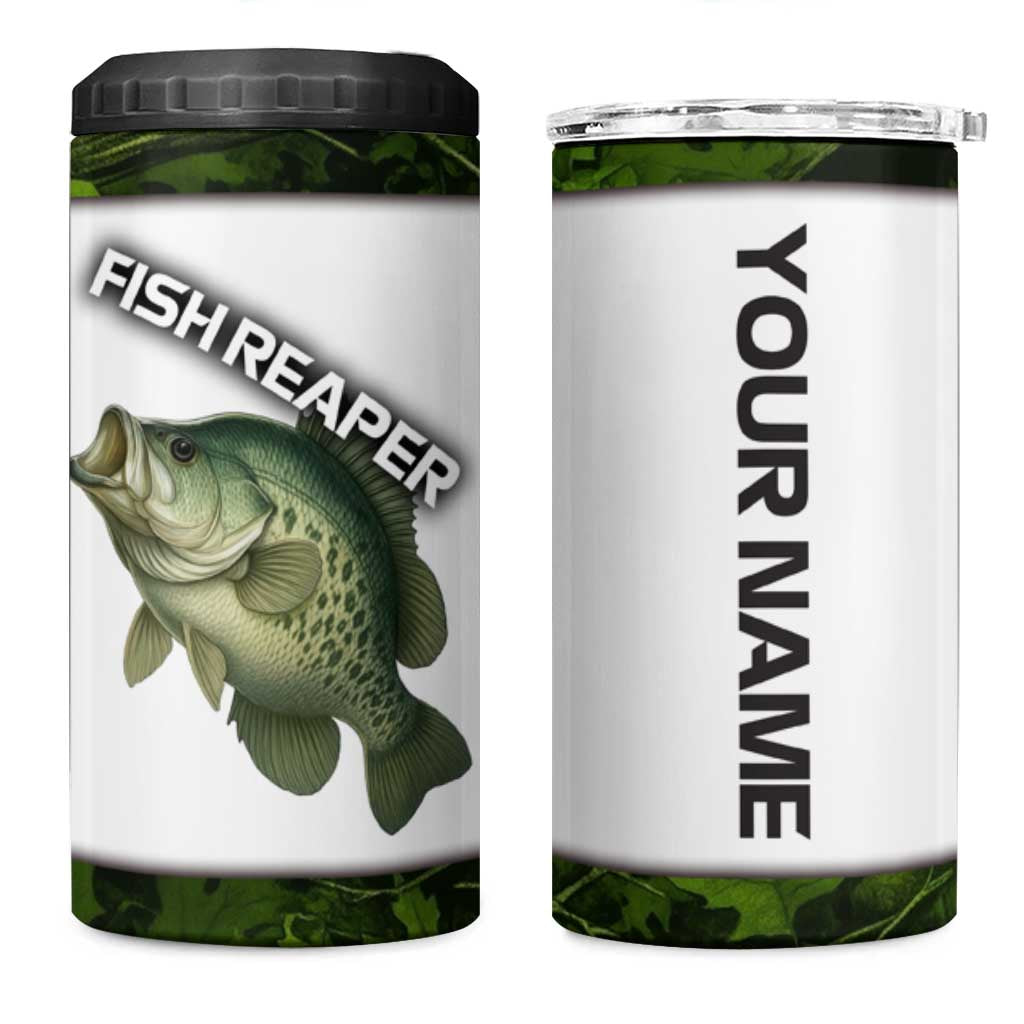 Crappie Fishing Green Camo 4 in 1 Can Cooler Tumbler with Leaf Camouflage and Custom Name Design - Wonder Print Shop