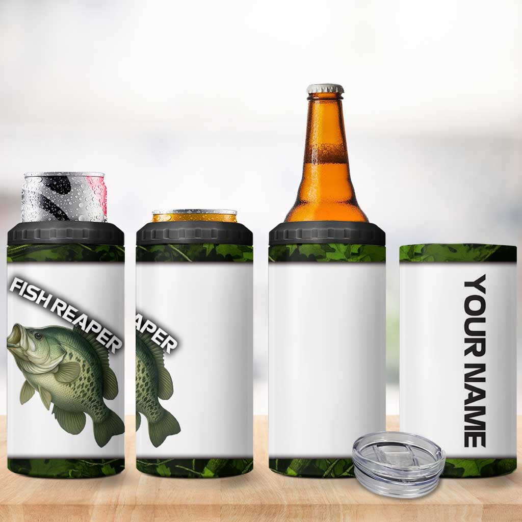 Crappie Fishing Green Camo 4 in 1 Can Cooler Tumbler with Leaf Camouflage and Custom Name Design - Wonder Print Shop