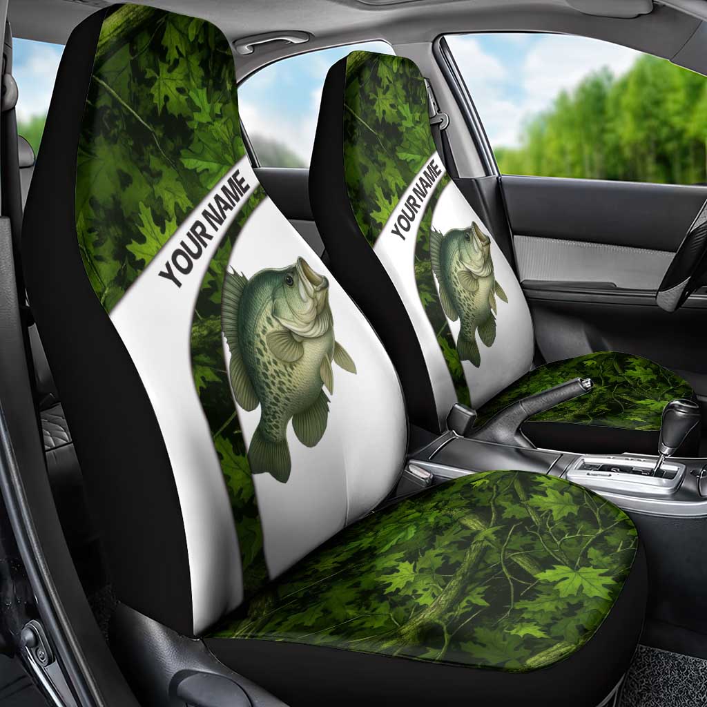 Crappie Fishing Green Camo Car Seat Cover with Leaf Camouflage and Custom Name Design - Wonder Print Shop