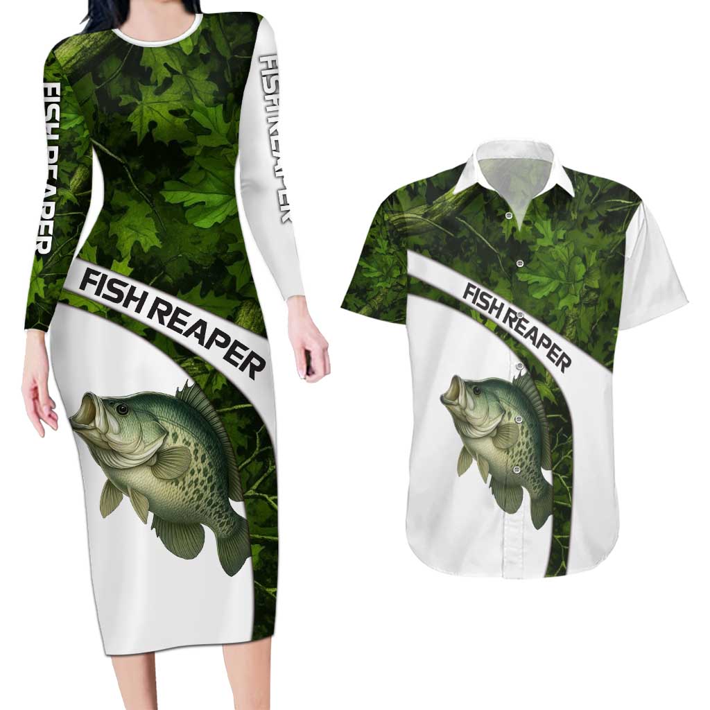 Crappie Fishing Green Camo Couples Matching Long Sleeve Bodycon Dress and Hawaiian Shirt with Leaf Camouflage and Custom Name Design - Wonder Print Shop