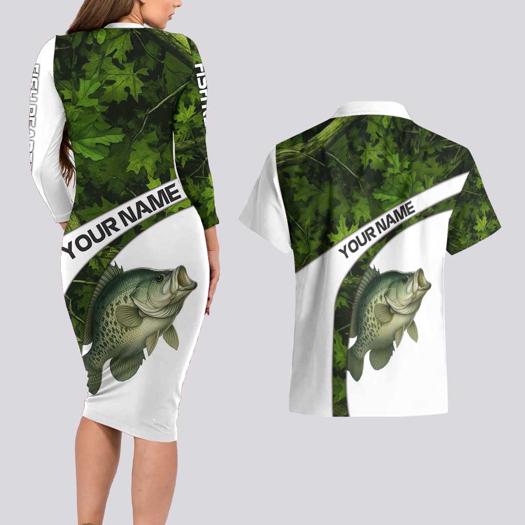 Crappie Fishing Green Camo Couples Matching Long Sleeve Bodycon Dress and Hawaiian Shirt with Leaf Camouflage and Custom Name Design - Wonder Print Shop