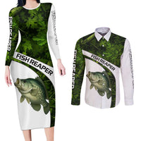 Crappie Fishing Green Camo Couples Matching Long Sleeve Bodycon Dress and Long Sleeve Button Shirt with Leaf Camouflage and Custom Name Design - Wonder Print Shop