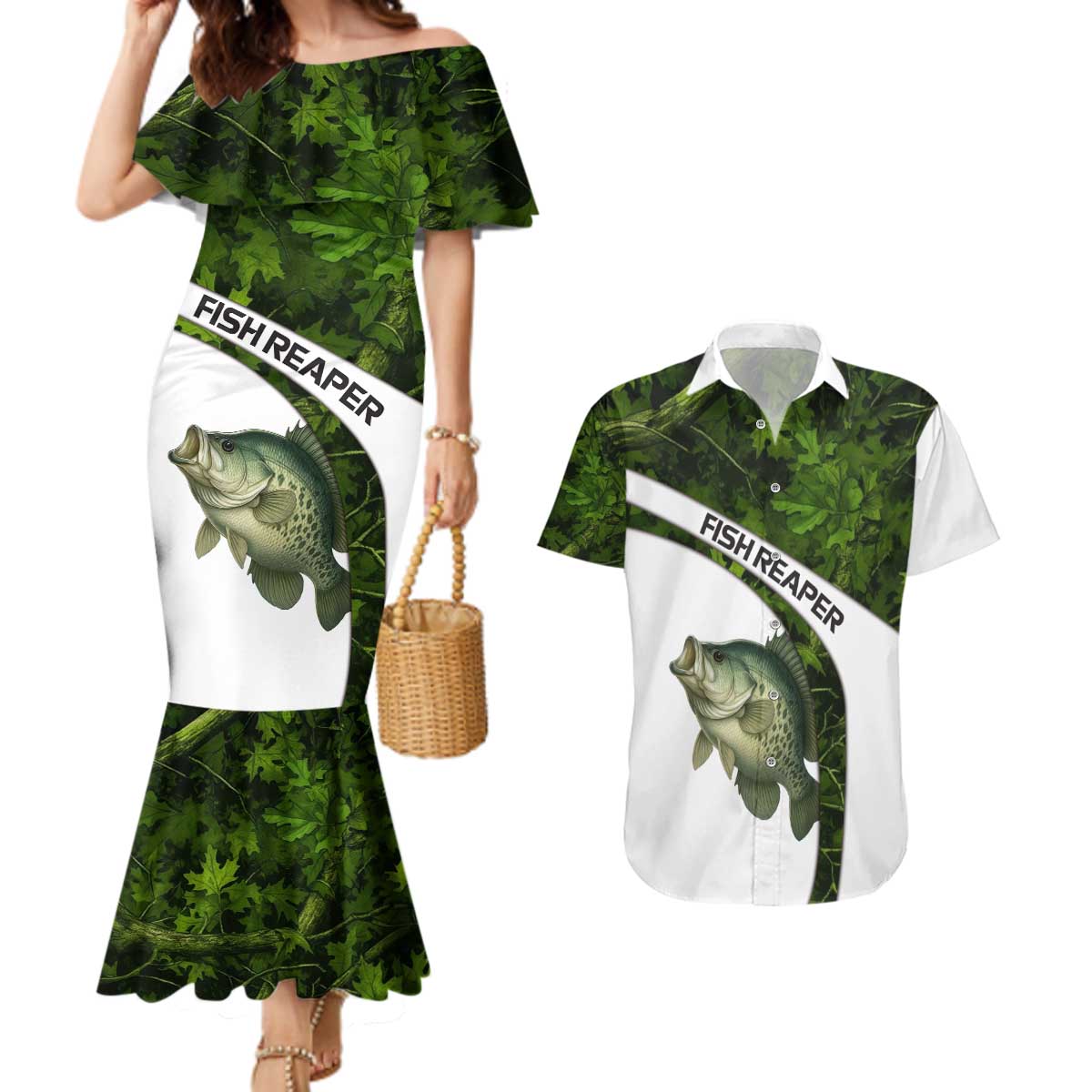 Crappie Fishing Green Camo Couples Matching Mermaid Dress and Hawaiian Shirt with Leaf Camouflage and Custom Name Design - Wonder Print Shop