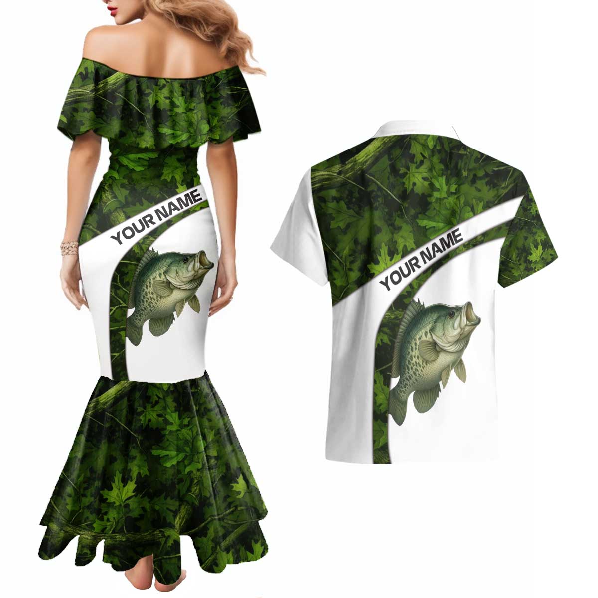 Crappie Fishing Green Camo Couples Matching Mermaid Dress and Hawaiian Shirt with Leaf Camouflage and Custom Name Design - Wonder Print Shop