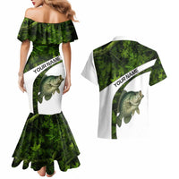 Crappie Fishing Green Camo Couples Matching Mermaid Dress and Hawaiian Shirt with Leaf Camouflage and Custom Name Design - Wonder Print Shop