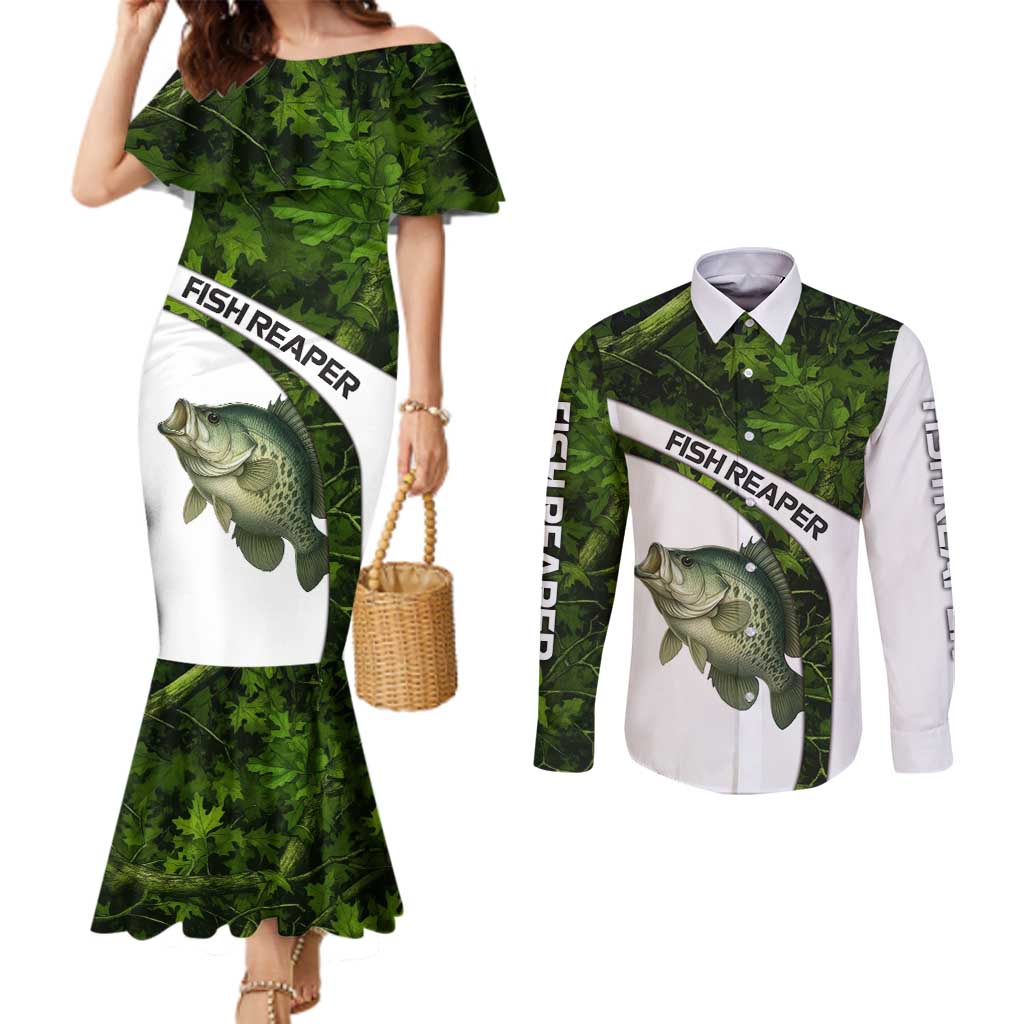 Crappie Fishing Green Camo Couples Matching Mermaid Dress and Long Sleeve Button Shirt with Leaf Camouflage and Custom Name Design - Wonder Print Shop