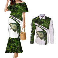 Crappie Fishing Green Camo Couples Matching Mermaid Dress and Long Sleeve Button Shirt with Leaf Camouflage and Custom Name Design - Wonder Print Shop