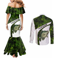 Crappie Fishing Green Camo Couples Matching Mermaid Dress and Long Sleeve Button Shirt with Leaf Camouflage and Custom Name Design - Wonder Print Shop