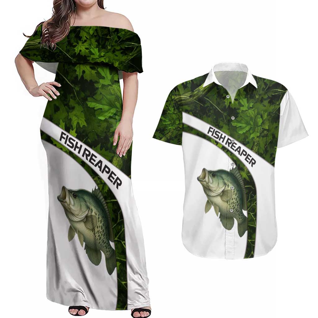 Crappie Fishing Green Camo Couples Matching Off Shoulder Maxi Dress and Hawaiian Shirt with Leaf Camouflage and Custom Name Design - Wonder Print Shop