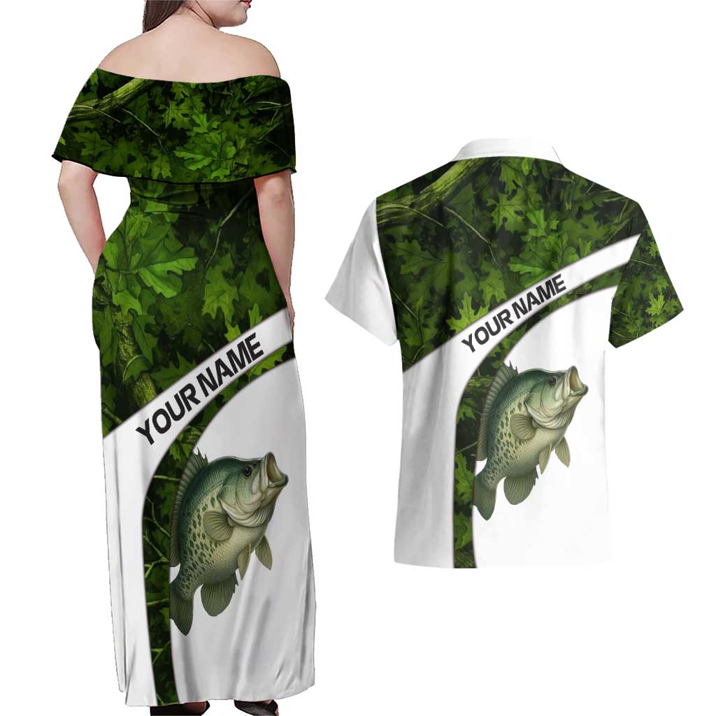 Crappie Fishing Green Camo Couples Matching Off Shoulder Maxi Dress and Hawaiian Shirt with Leaf Camouflage and Custom Name Design - Wonder Print Shop