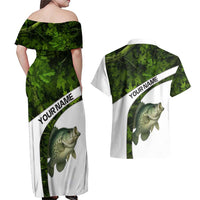 Crappie Fishing Green Camo Couples Matching Off Shoulder Maxi Dress and Hawaiian Shirt with Leaf Camouflage and Custom Name Design - Wonder Print Shop